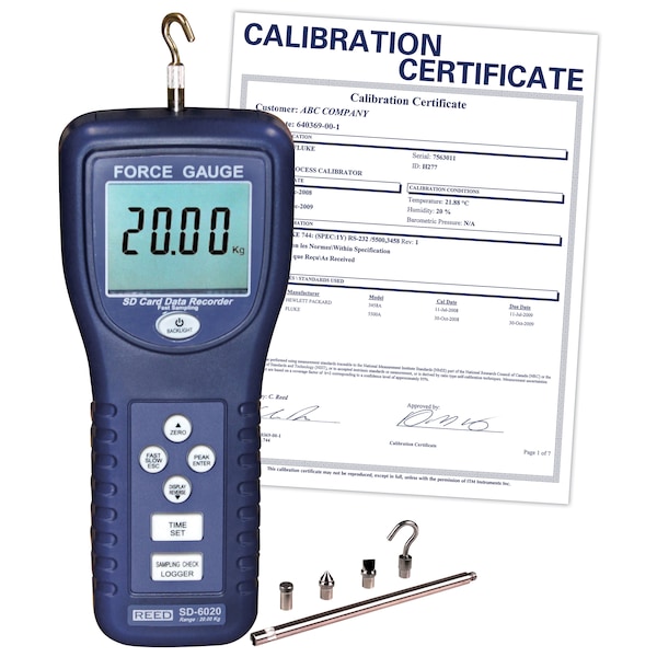 REED SD-6020 Data Logging Force Gauge, 44 lbs 20 kg, includes ISO Certificate